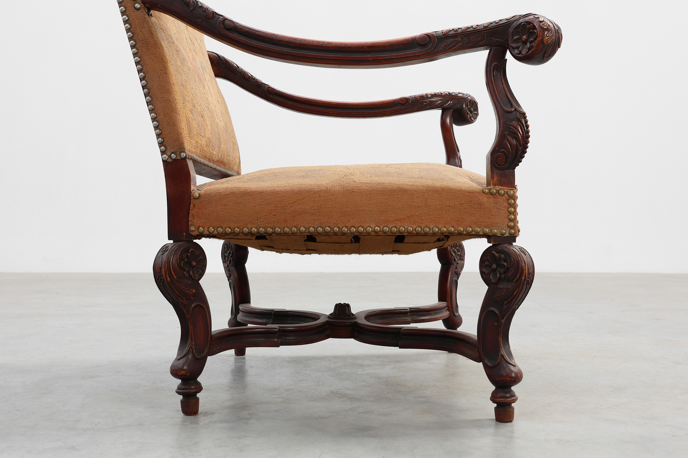 Carved Walnut Armchair with Scrolling and Tapestry Upholstery, France, circa 1800thumbnail